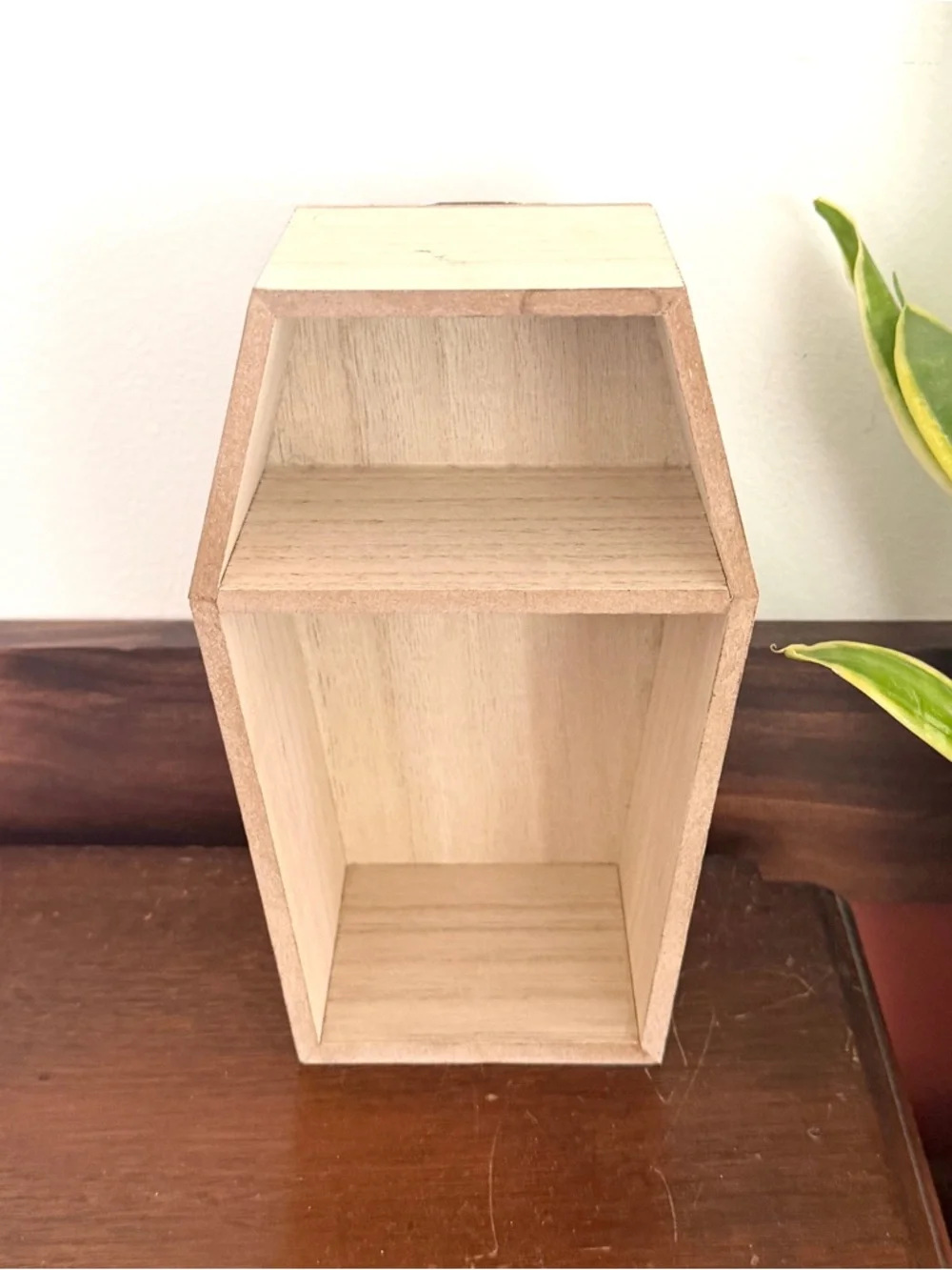 Wood Coffin Mini Display Shelf Wall Hanging Free Standing Small Organizer Shelf
